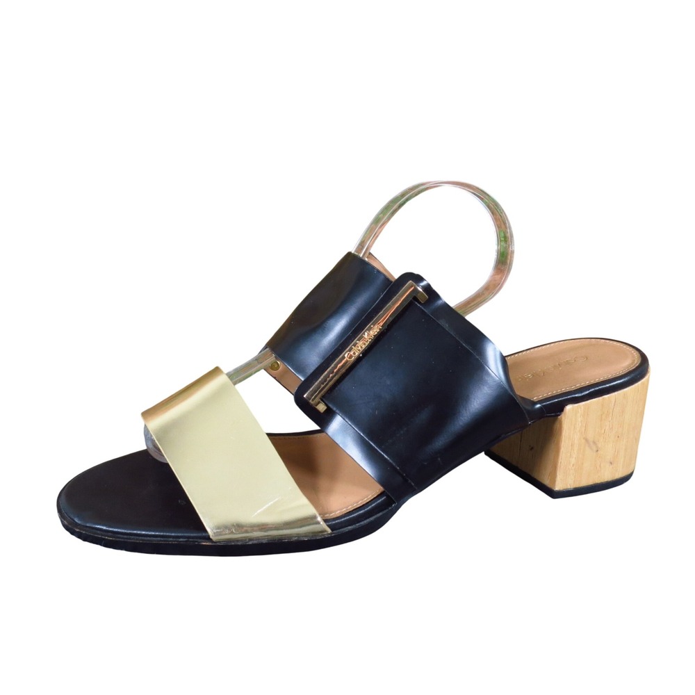 Calvin Klein Milla Women Block Heel Sandal Size 11M Dressy Black Gold Metallic